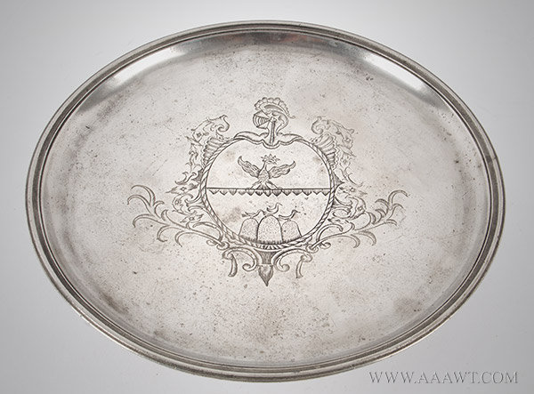 Pewter, Tazza, High Footed Plate, French Armorial, Marked by Carlo Perot, 10 1/8''
Circa, likely 1690 to 1720, entire view